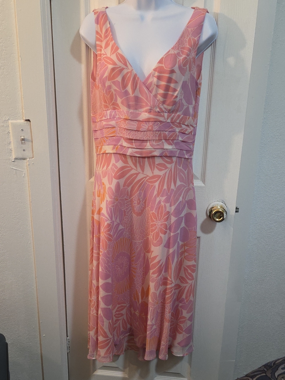 dressbarn Pink and Peach Floral V-Neck Sleeveless Dress